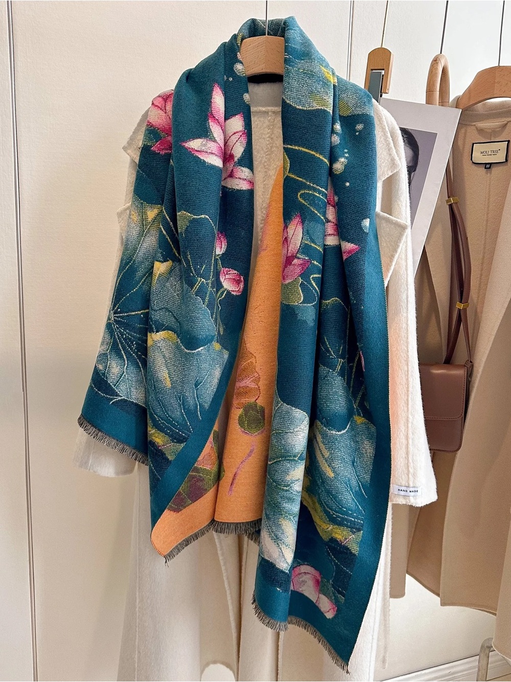 Teal Floral Scarf/wrap/pashmina  cashmere feel with Pink Lotus Motif